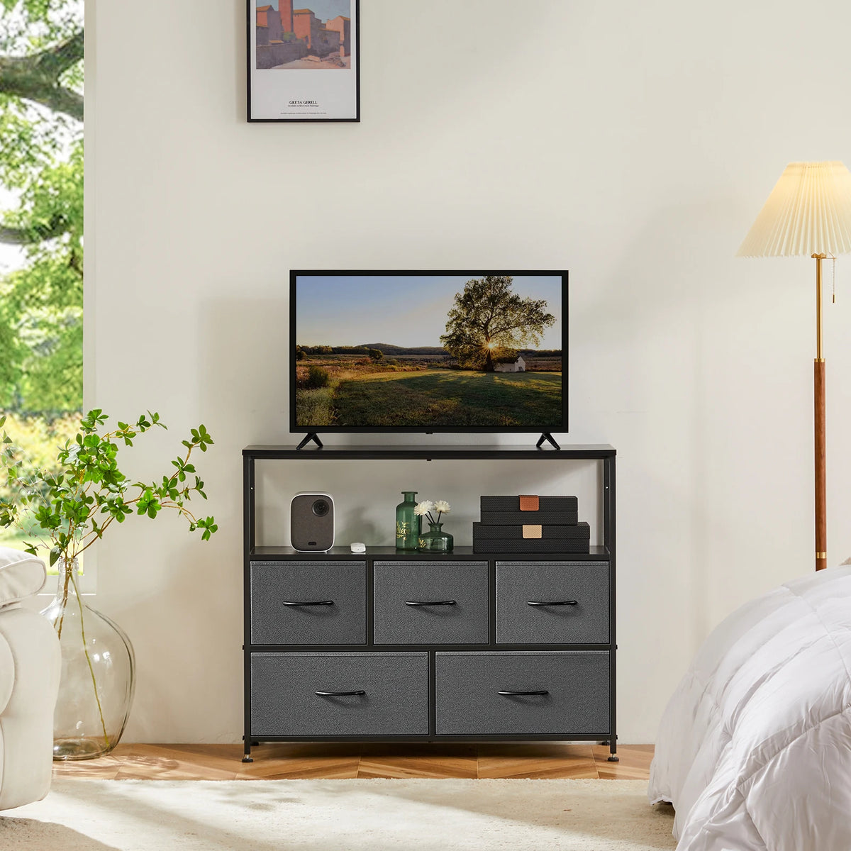 JHK TV Stand Dresser 5 Fabric Drawers Metal Storage Cabinet