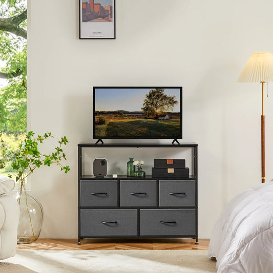 JHK TV Stand Dresser 5 Fabric Drawers Metal Storage Cabinet