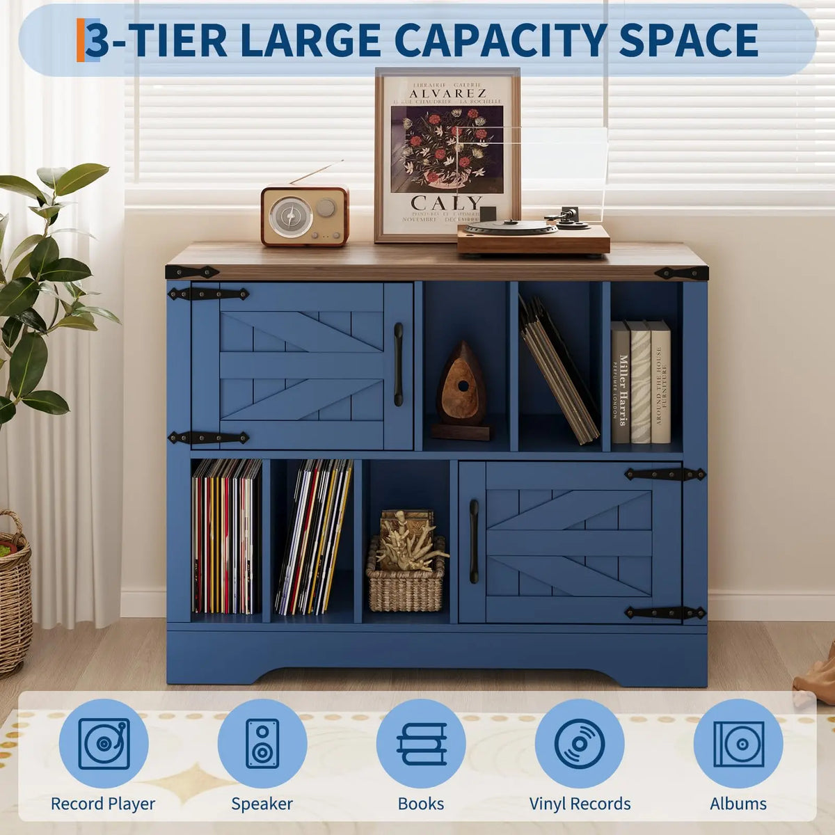 HiMiss Farmhouse Vinyl Record Player Storage Cabinet With Barn Doors