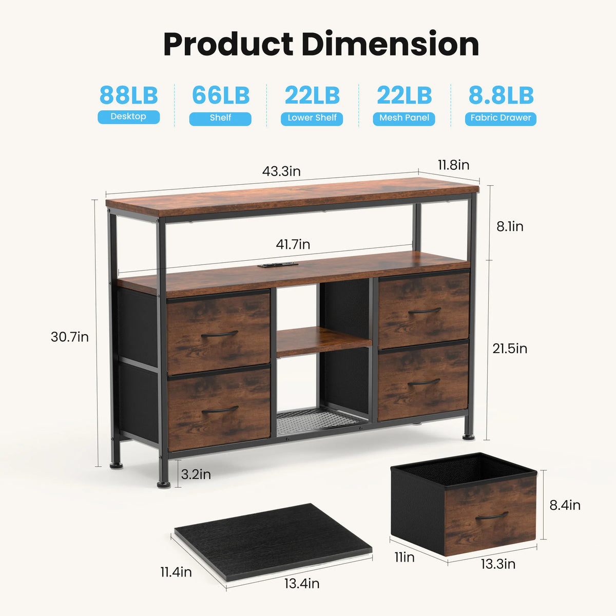 Jhk Metal Media Console Featuring Four Drawers And Led Lighting