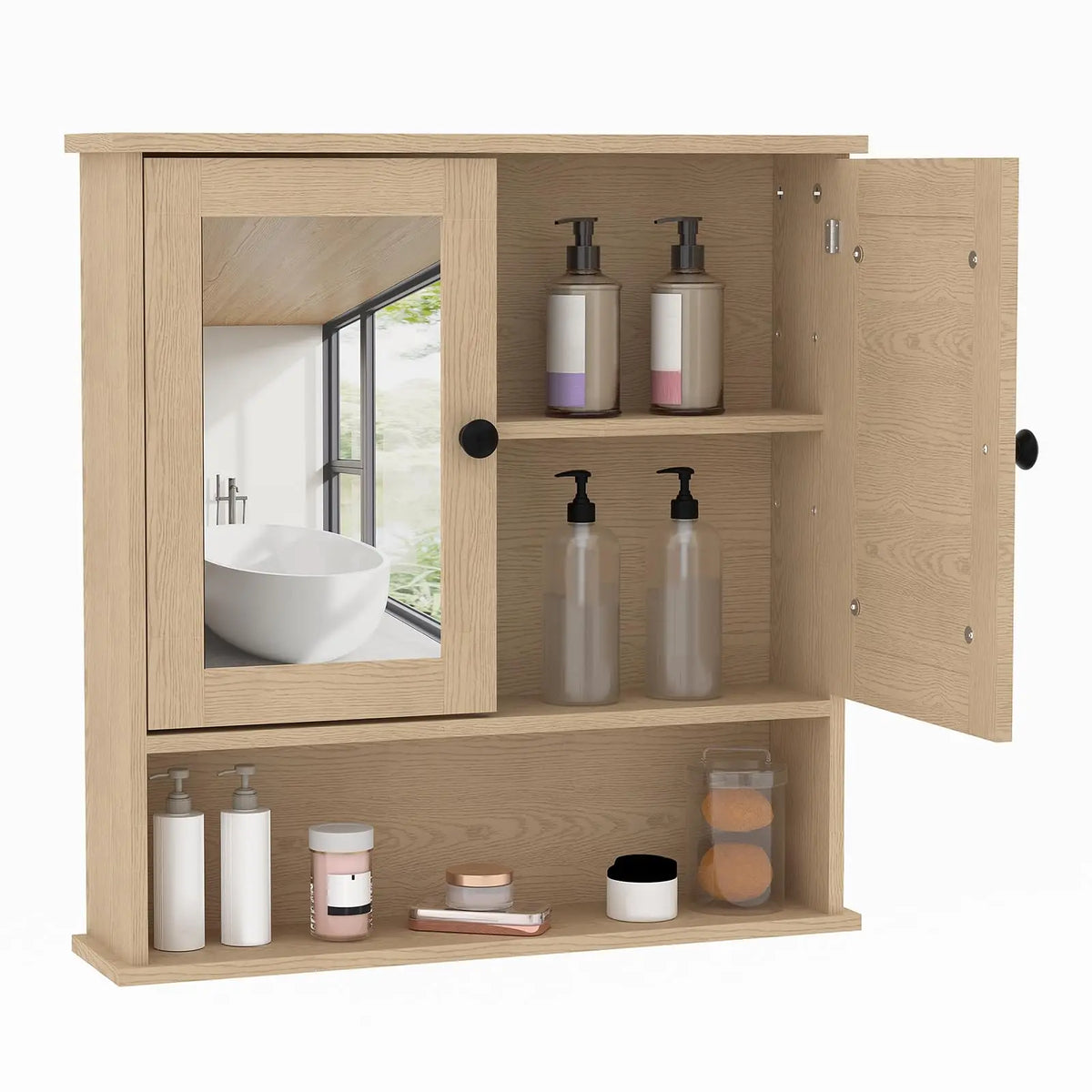HiMISS Wall Mounted Wooden Bathroom Cabinet With Mirrored Doors