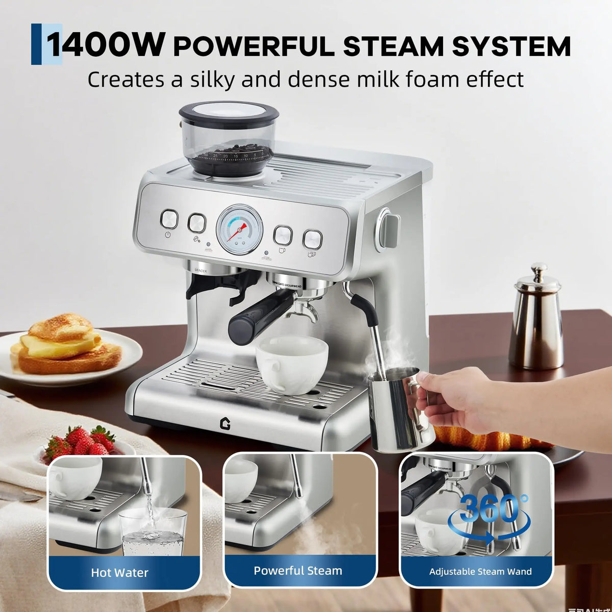 HiMISS Espresso Machine With Integrated Grinder And 20 Bar Pressure