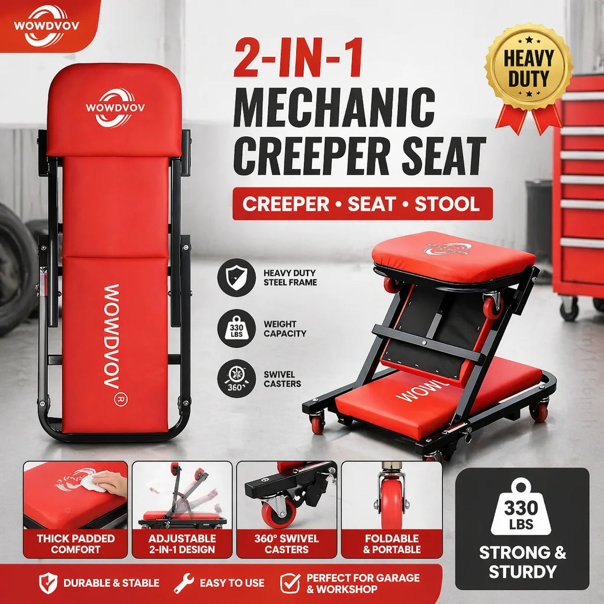 Heavy Duty Mechanic Creeper Seat With Transforming Rolling Stool Design