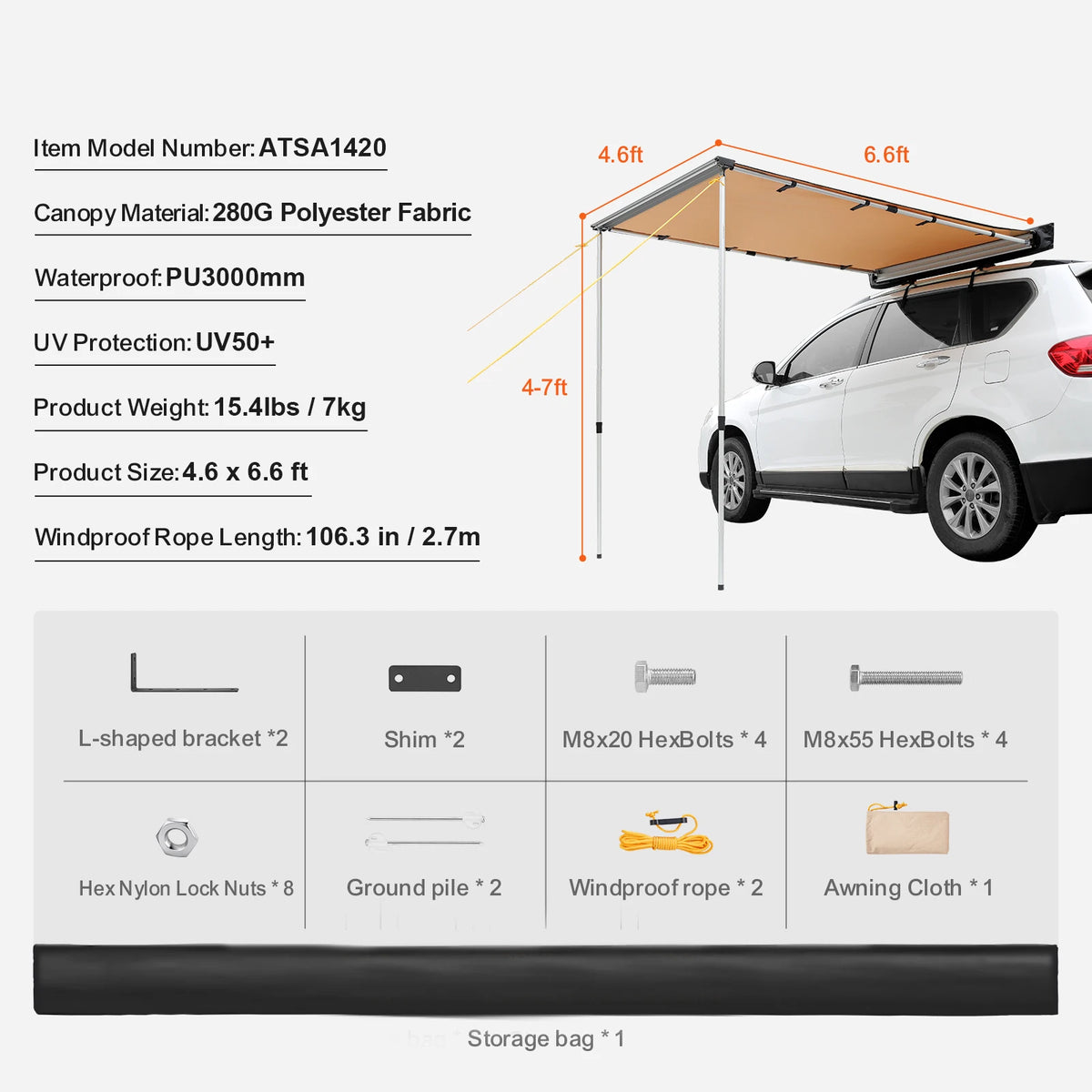 SucceBuy Retractable Vehicle Awning With Waterproof Storage Bag