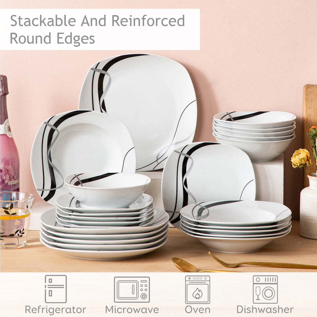 Malacasa Fiona Ceramic Dinnerware Plate Set With Strip Pattern Design