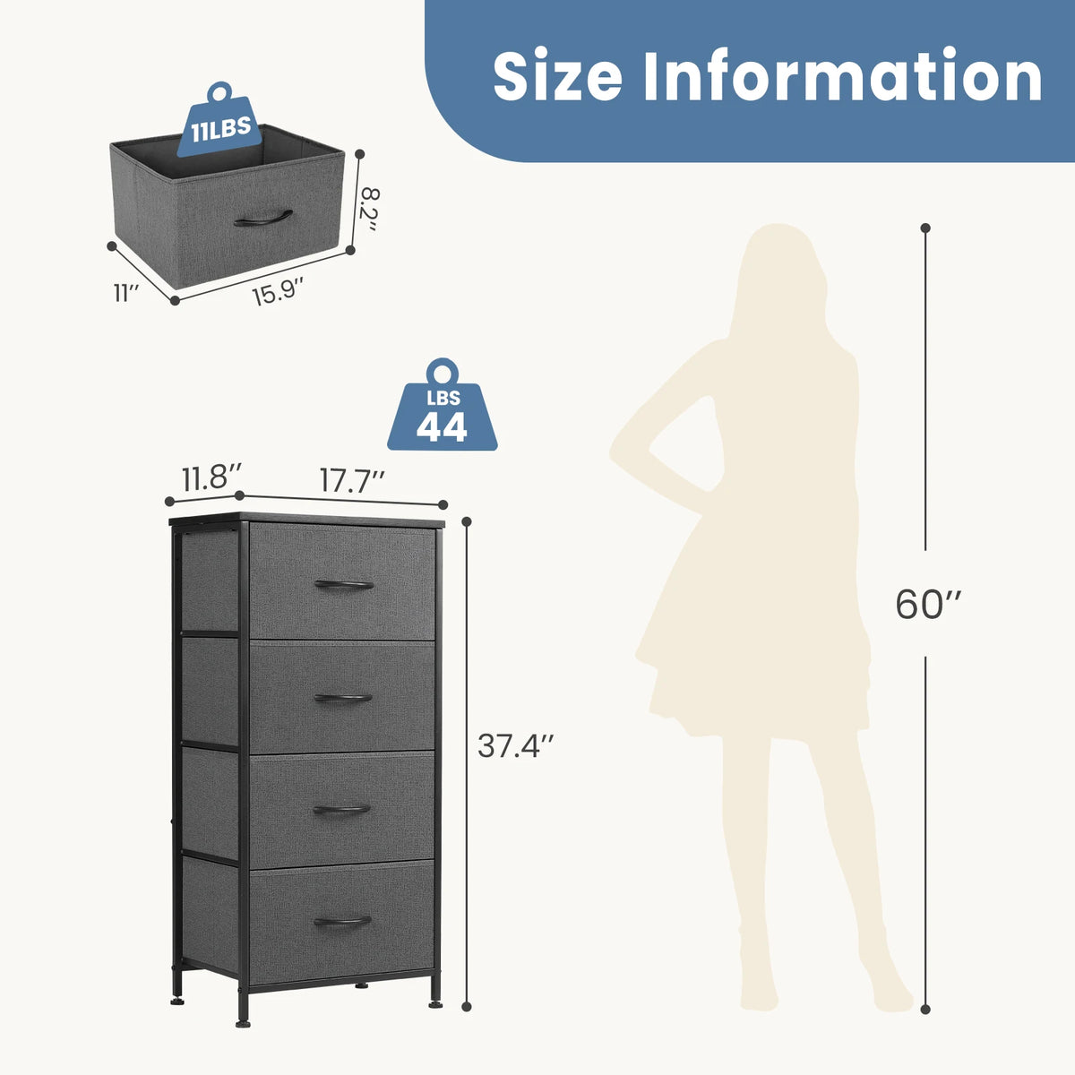 JHK Four Drawer Fabric Dresser Steel Frame Nightstand Storage