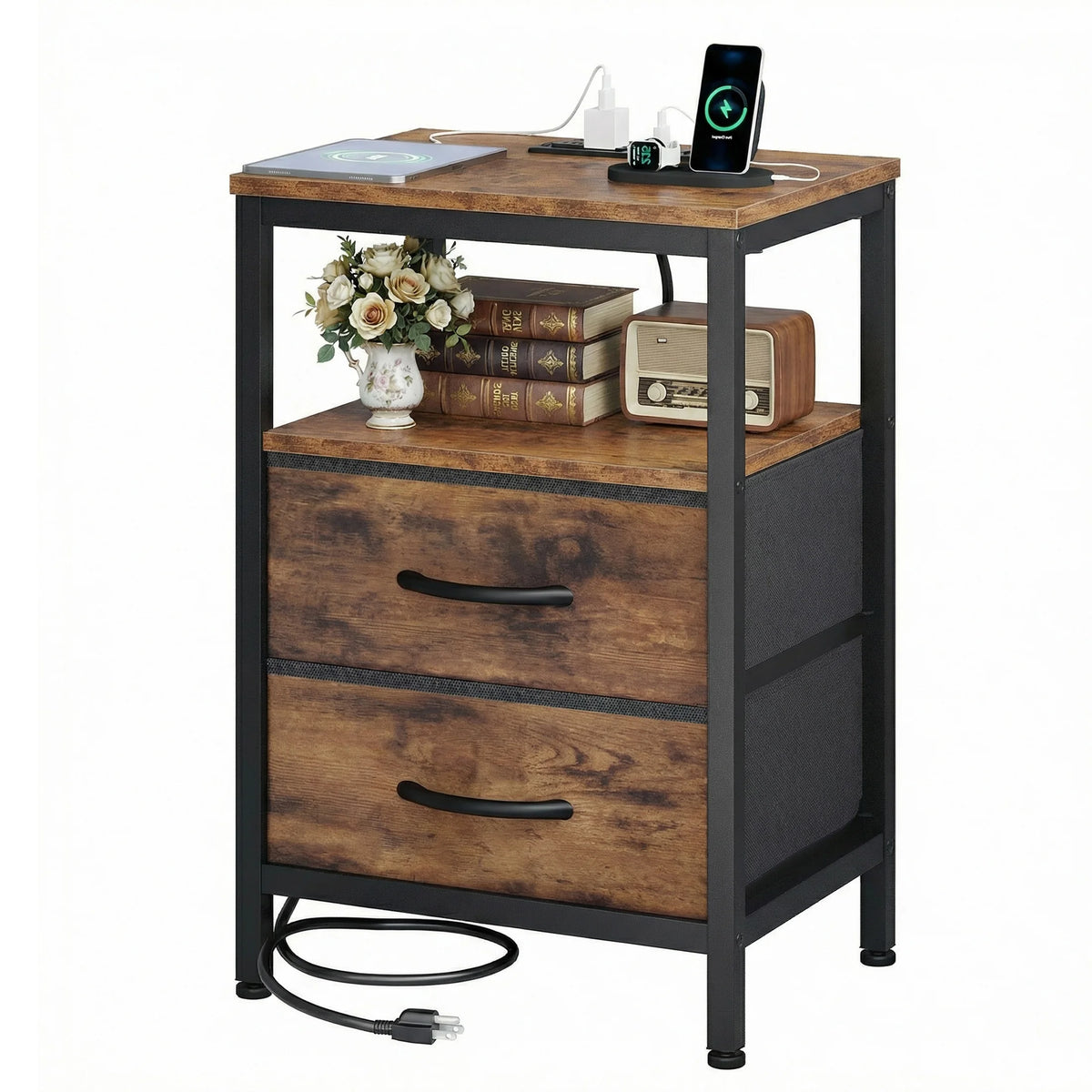 JHK Modern Nightstand With Fabric Drawers USB Charging Port Shelf